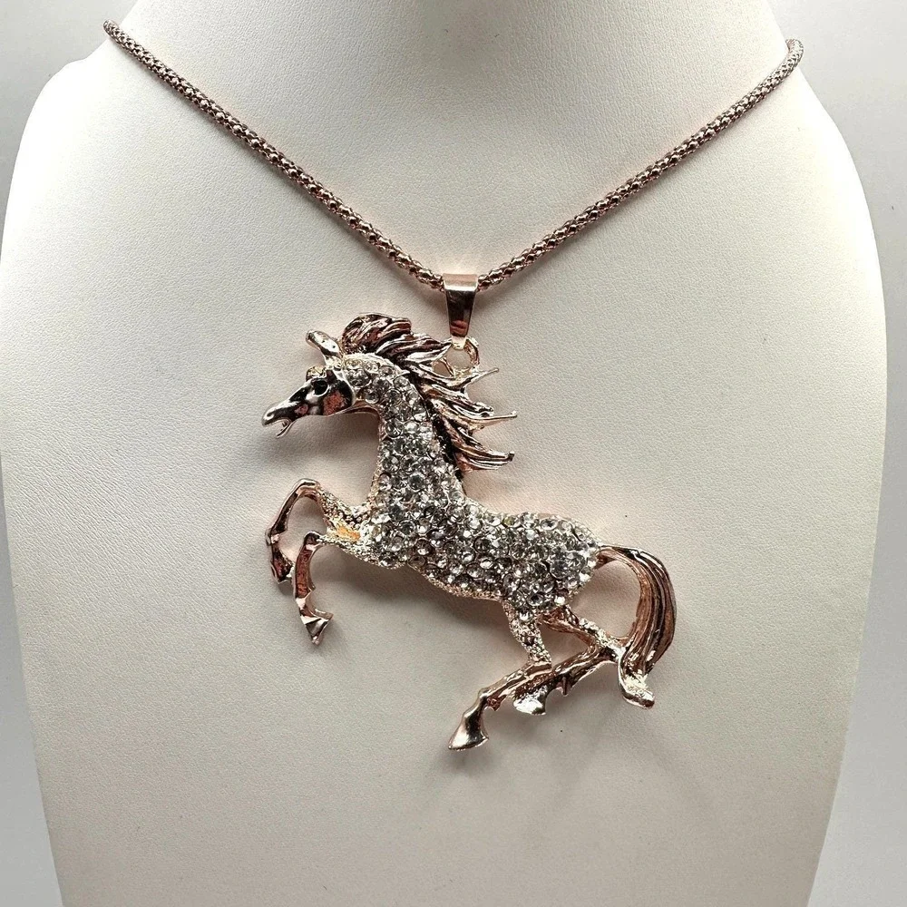 Vintage 90s Betsey Johnson Unicorn Necklace Rose Gold Tone Glass Pendant Jewelry